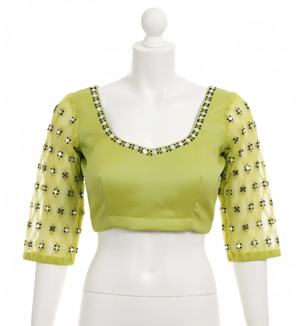 Luxury Pista Green Checks Maggam Work Blouse Designer Handcrafted Perfection at Best Price