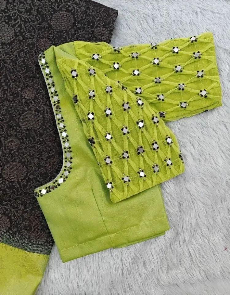 Luxury Pista Green Checks Maggam Work Blouse Designer Handcrafted Perfection at Best Price