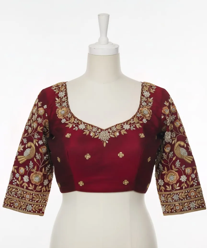 Majestic Deep Red Peacock Maggam Work Blouse Grand Royal Look in Budget | Custom Sizes Available