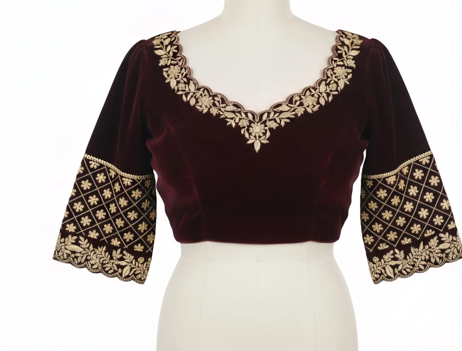 Maroon Velvet Bridal Blouse with Intricate Maggam Work  Exclusive V-Neck Design Made to Measure