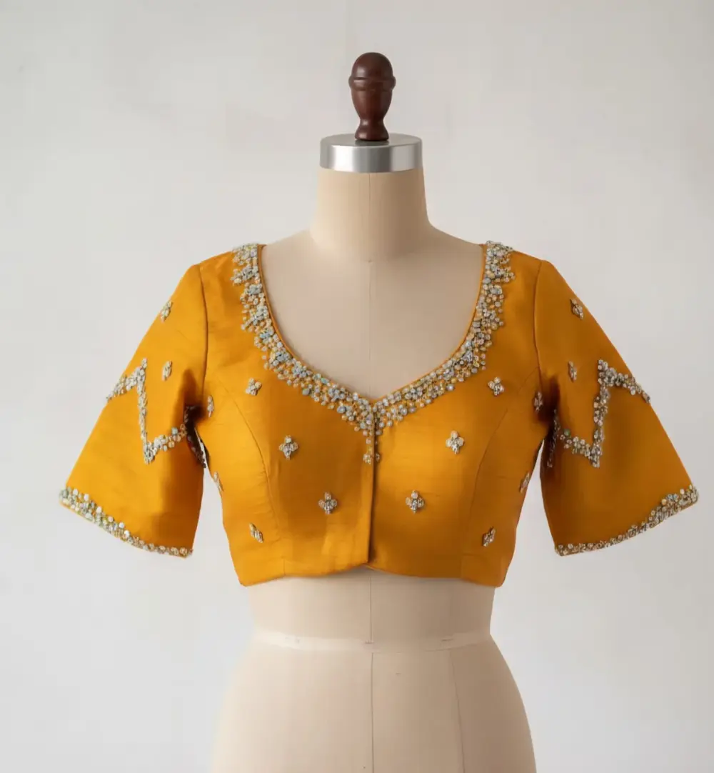 Mustard Yellow Raw Silk Maggam Work Blouse Luxury Designer Piece at Best Price Custom Sizes Available