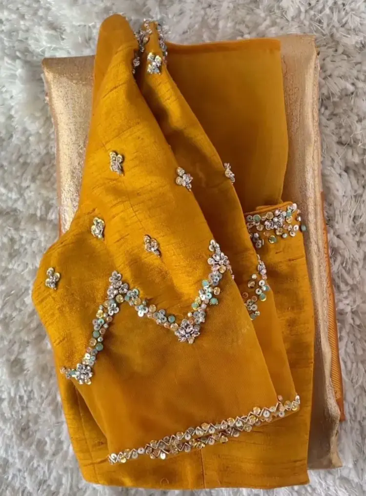 Mustard Yellow Raw Silk Maggam Work Blouse Luxury Designer Piece at Best Price Custom Sizes Available
