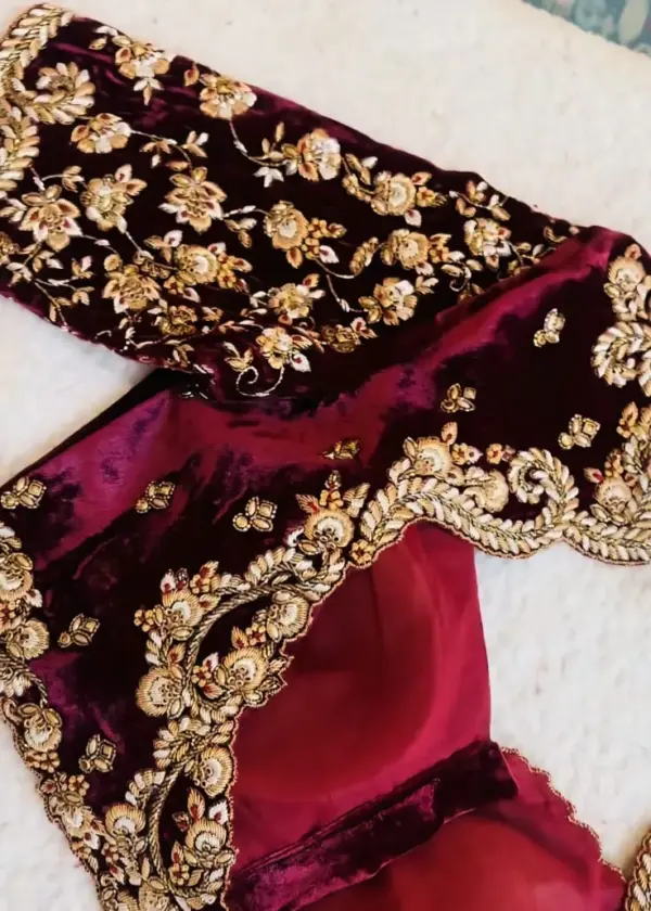 Opulent Maroon Velvet Bridal Blouse Traditional Maggam Craft Best Price & Fast Dispatch