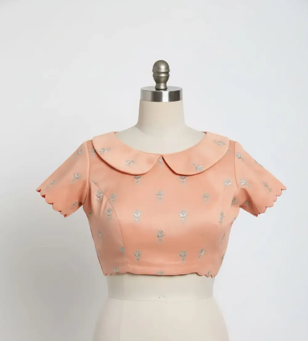 Peach Silver Maggam Work Blouse Elegant Collar Neck Design Premium Quality at Affordable Price