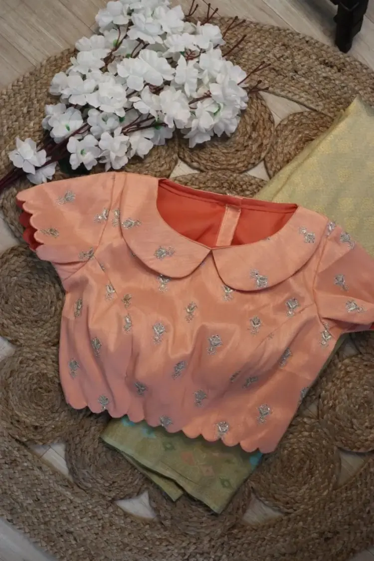 Peach Silver Maggam Work Blouse Elegant Collar Neck Design Premium Quality at Affordable Price