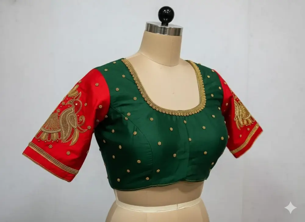 Premium Maggam Work Party Blouse Red-Green Combo Affordable Custom Size Options