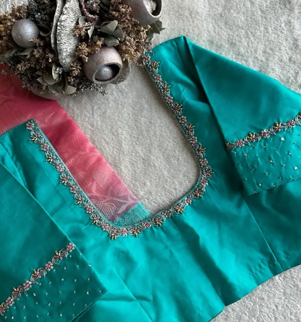 Premium Sky Blue Maggam Work Blouse at Affordable Price Tailored Fit Available