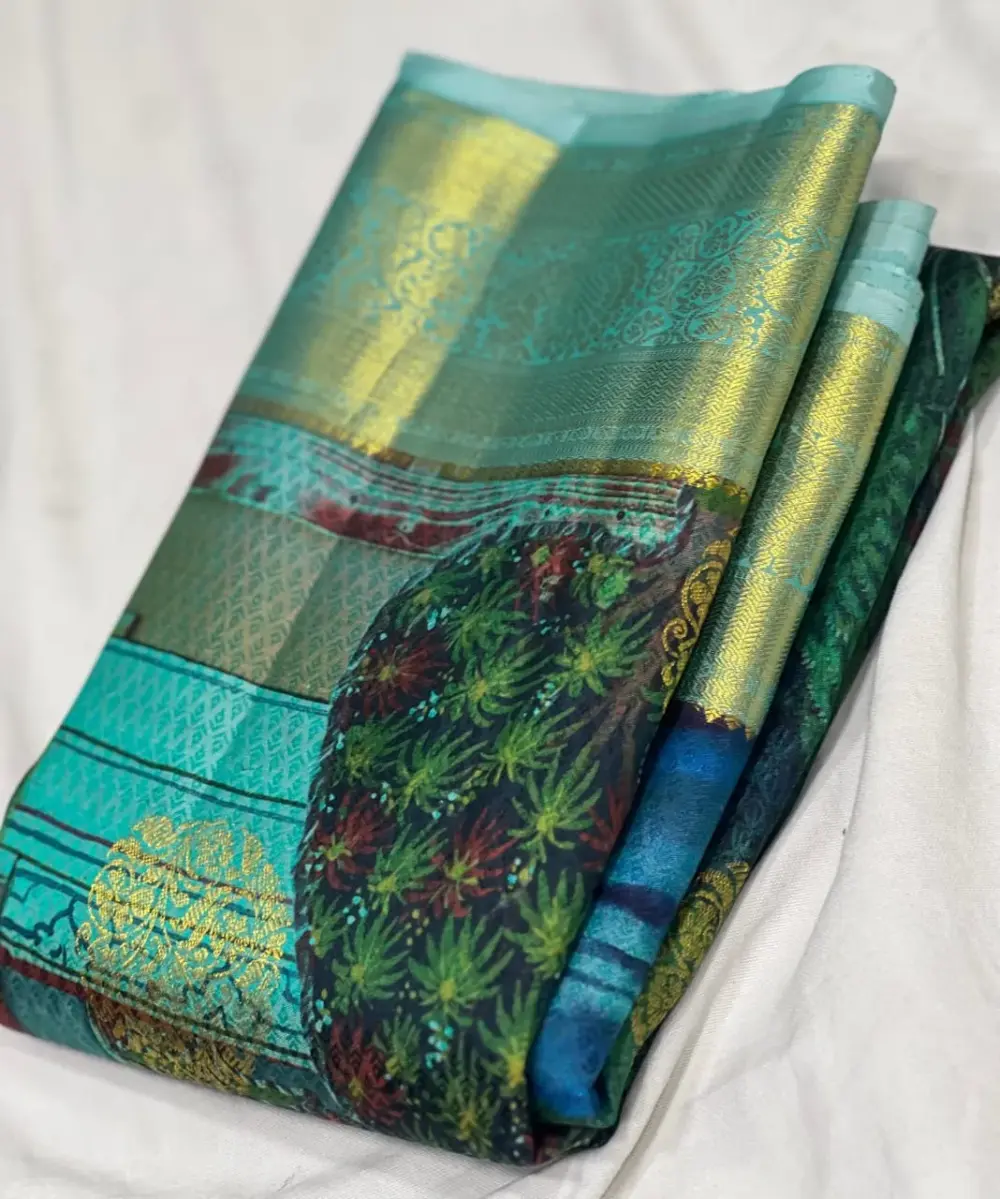 Pure Gold Zari Kanchipuram Handloom Saree | Laser Kalamkari on Pure Silk with Authentic Oil Colours