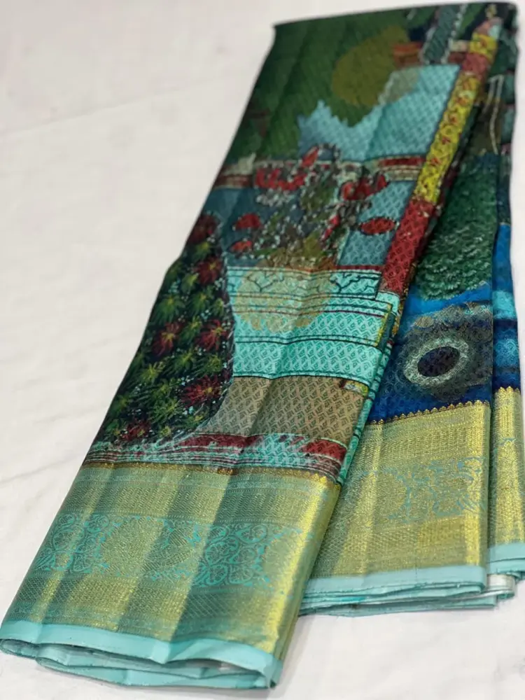 Pure Gold Zari Kanchipuram Handloom Saree | Laser Kalamkari on Pure Silk with Authentic Oil Colours