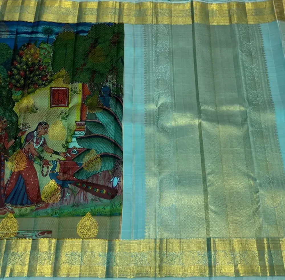 Pure Gold Zari Kanchipuram Handloom Saree | Laser Kalamkari on Pure Silk with Authentic Oil Colours