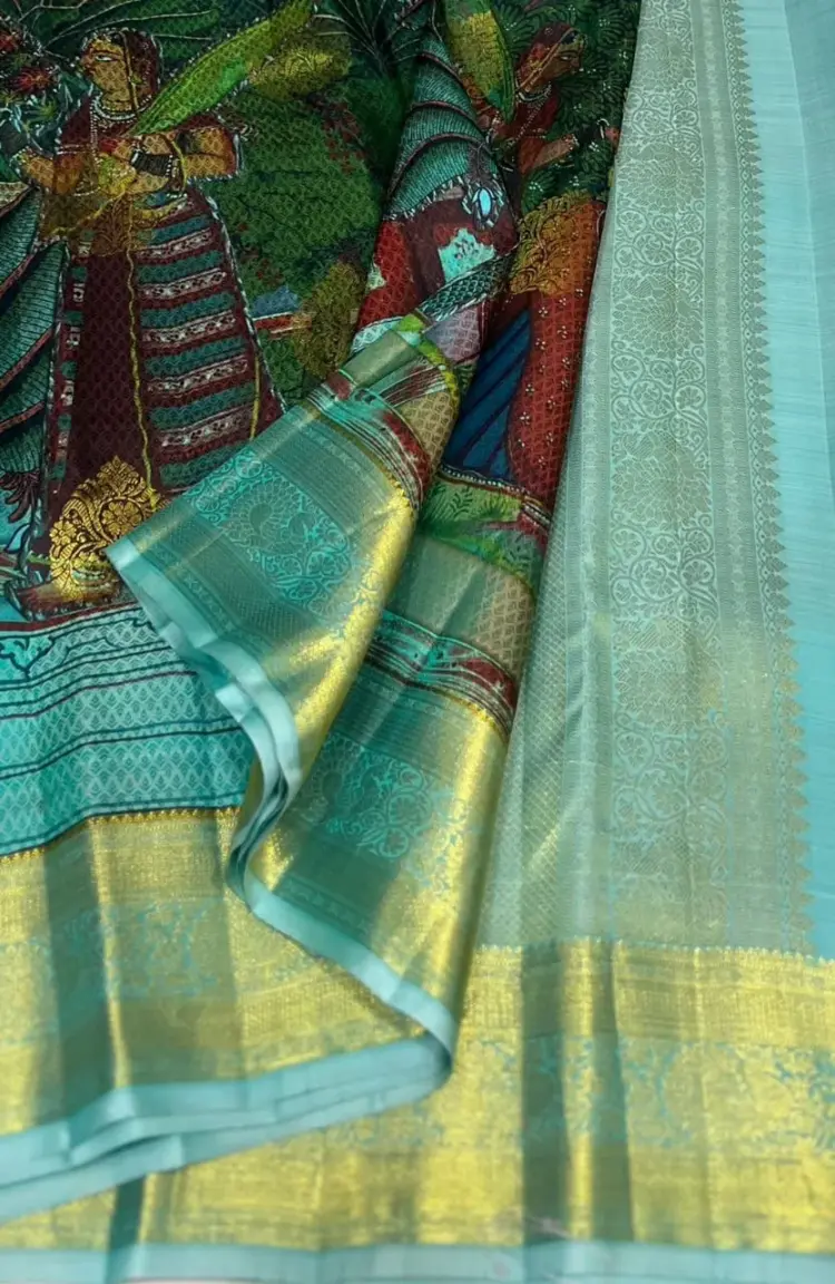 Pure Gold Zari Kanchipuram Handloom Saree | Laser Kalamkari on Pure Silk with Authentic Oil Colours