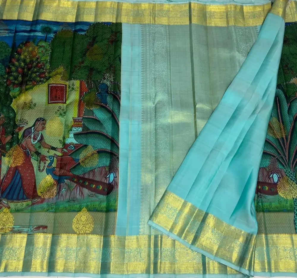 Pure Gold Zari Kanchipuram Handloom Saree | Laser Kalamkari on Pure Silk with Authentic Oil Colours