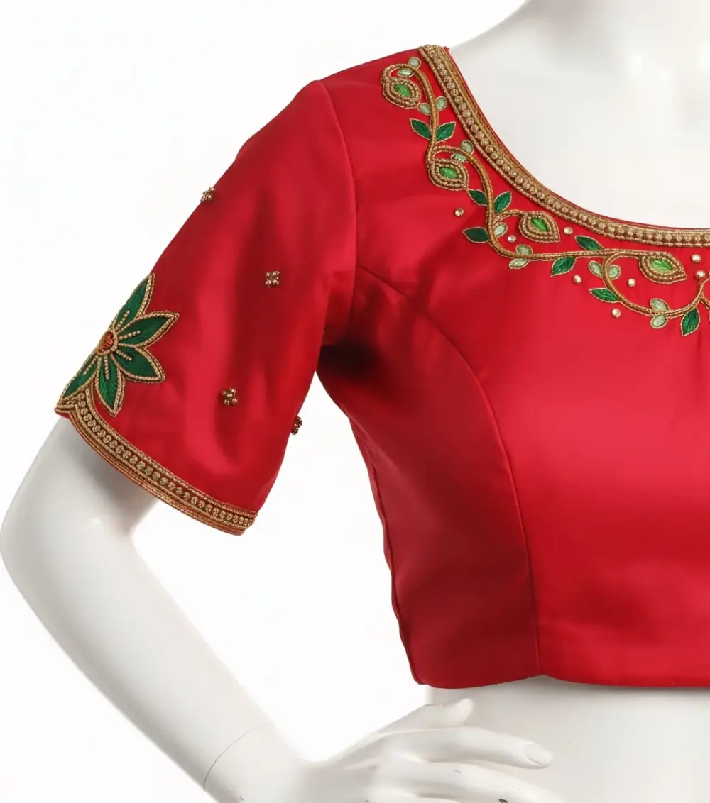 Red High-Neck Maggam Blouse Elegant Partywear Budget Price with Custom Stitching