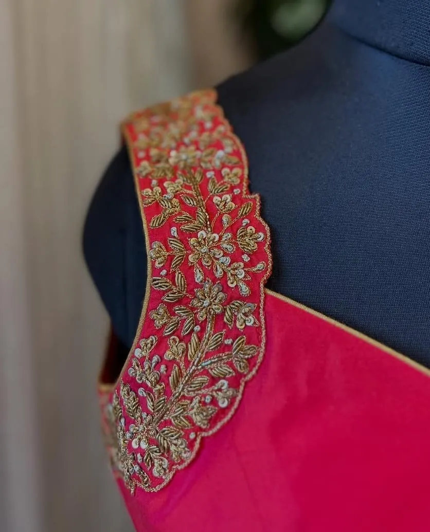 Reddish Pink Custom Maggam Work Blouse Sleeveless & Pocket-Friendly Elegance