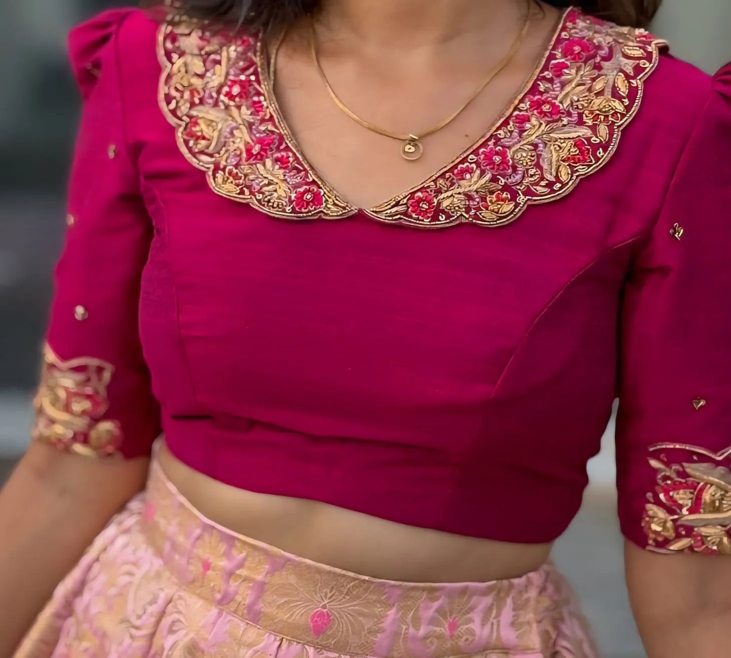 Shop Peacock Blue Collar Neck Maggam Work Blouse Affordable Custom-Made Elegance