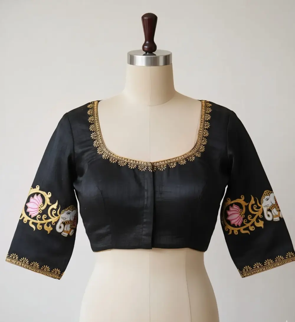 Traditional Black Tanjore Elephant Maggam Work Blouse Custom-Made Elegance