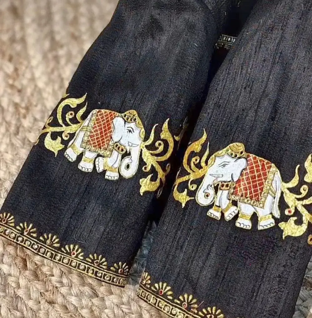 Traditional Black Tanjore Elephant Maggam Work Blouse Custom-Made Elegance