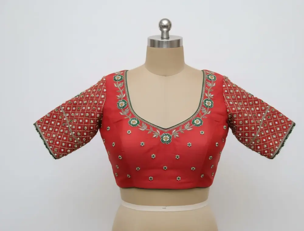 Trending Orange Checks Maggam Work Blouse Bridal Perfection with Custom Fit