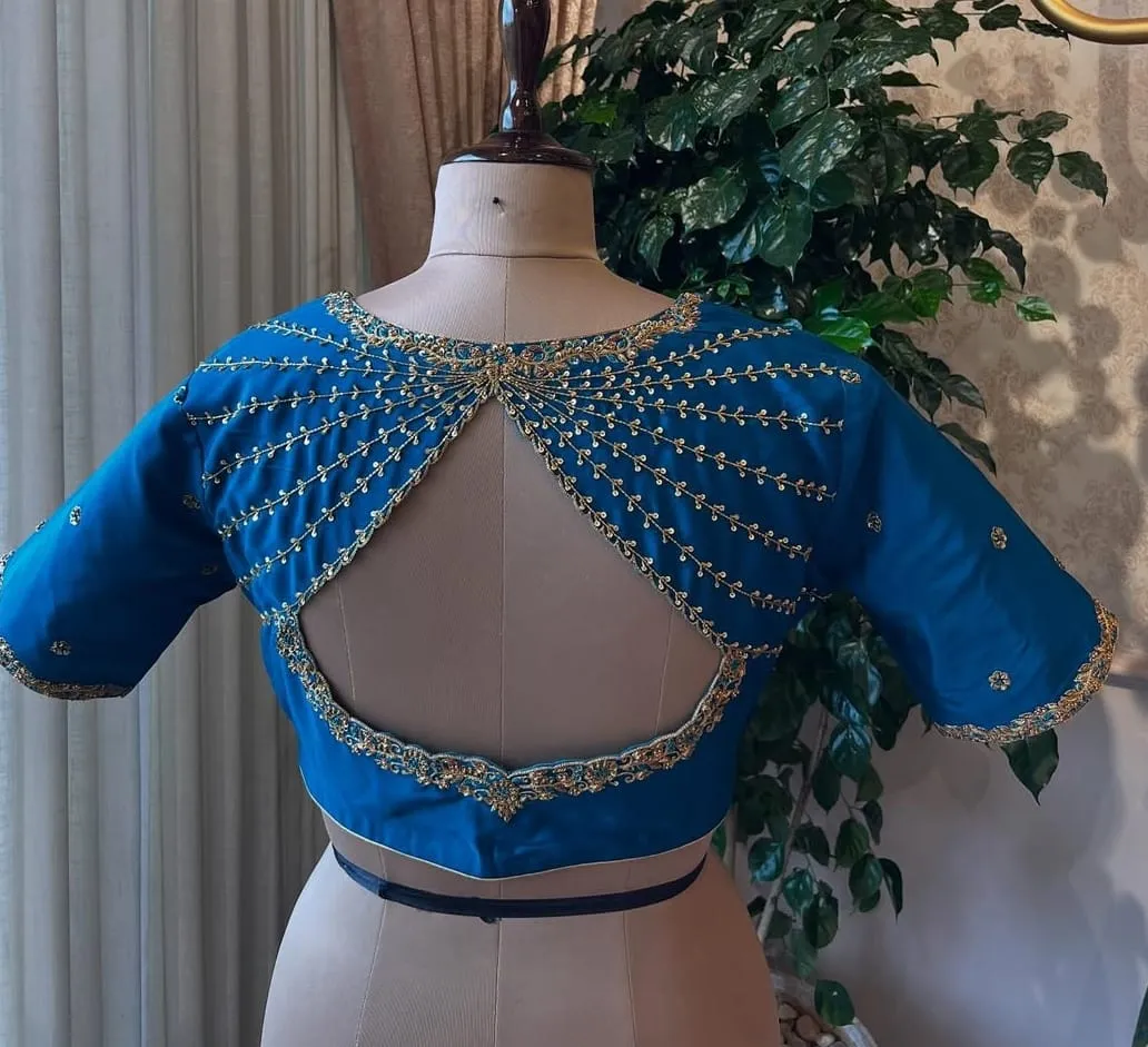 Trendy Blue High Neck Maggam Work Blouse Exclusive Handcrafted Design Under Budget