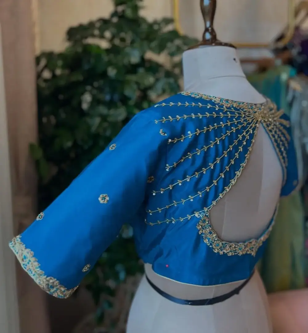 Trendy Blue High Neck Maggam Work Blouse Exclusive Handcrafted Design Under Budget