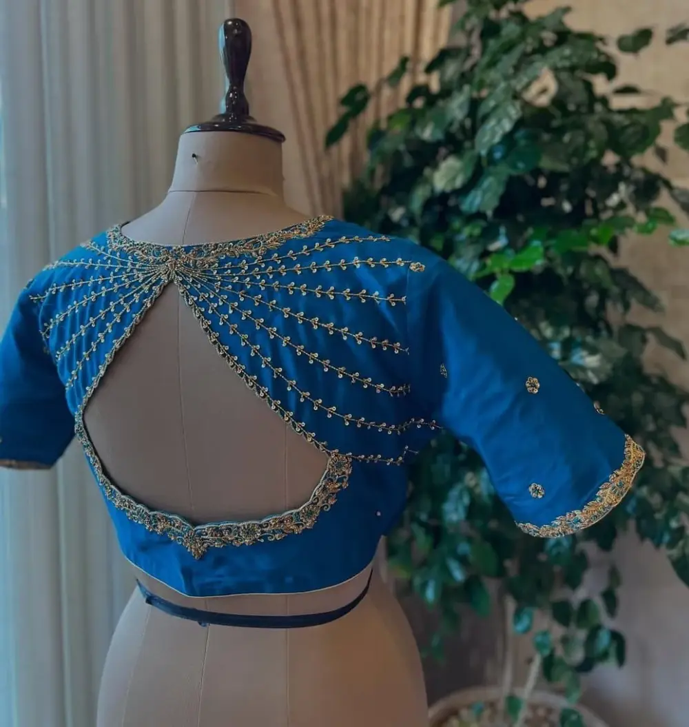 Trendy Blue High Neck Maggam Work Blouse Exclusive Handcrafted Design Under Budget