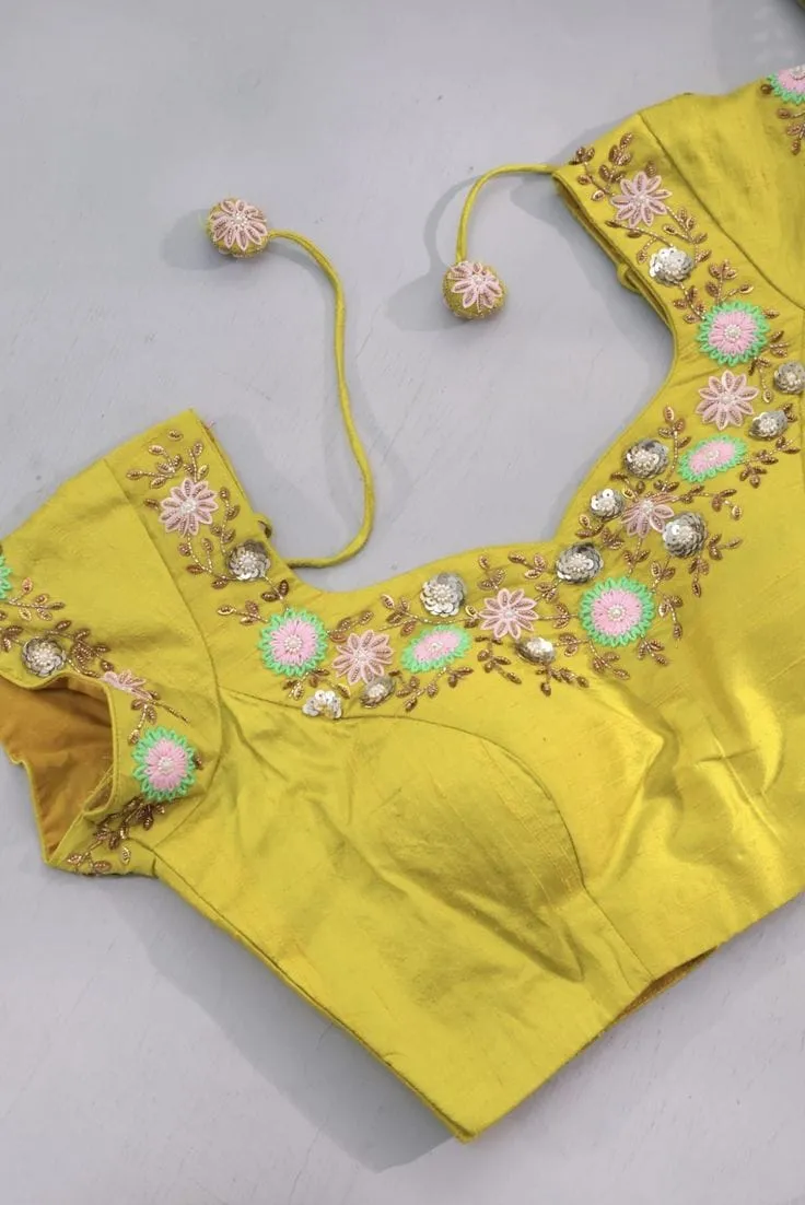 Vibrant Lemon Yellow Raw Silk Bridal Blouse  Exclusive Maggam Aari Handwork Design
