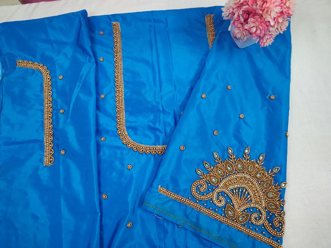 BudgetFriendly Aari Work Blouse Online Stunning Royal Blue Peacock Feather Design