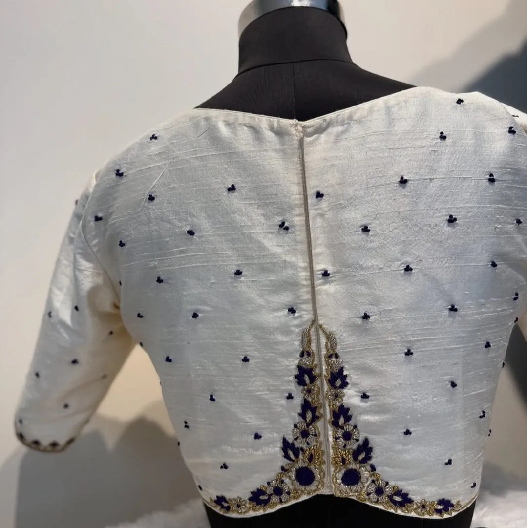 Chic  TraditionalHalf White Raw Silk Maggam Work Blouse Latest Cut)