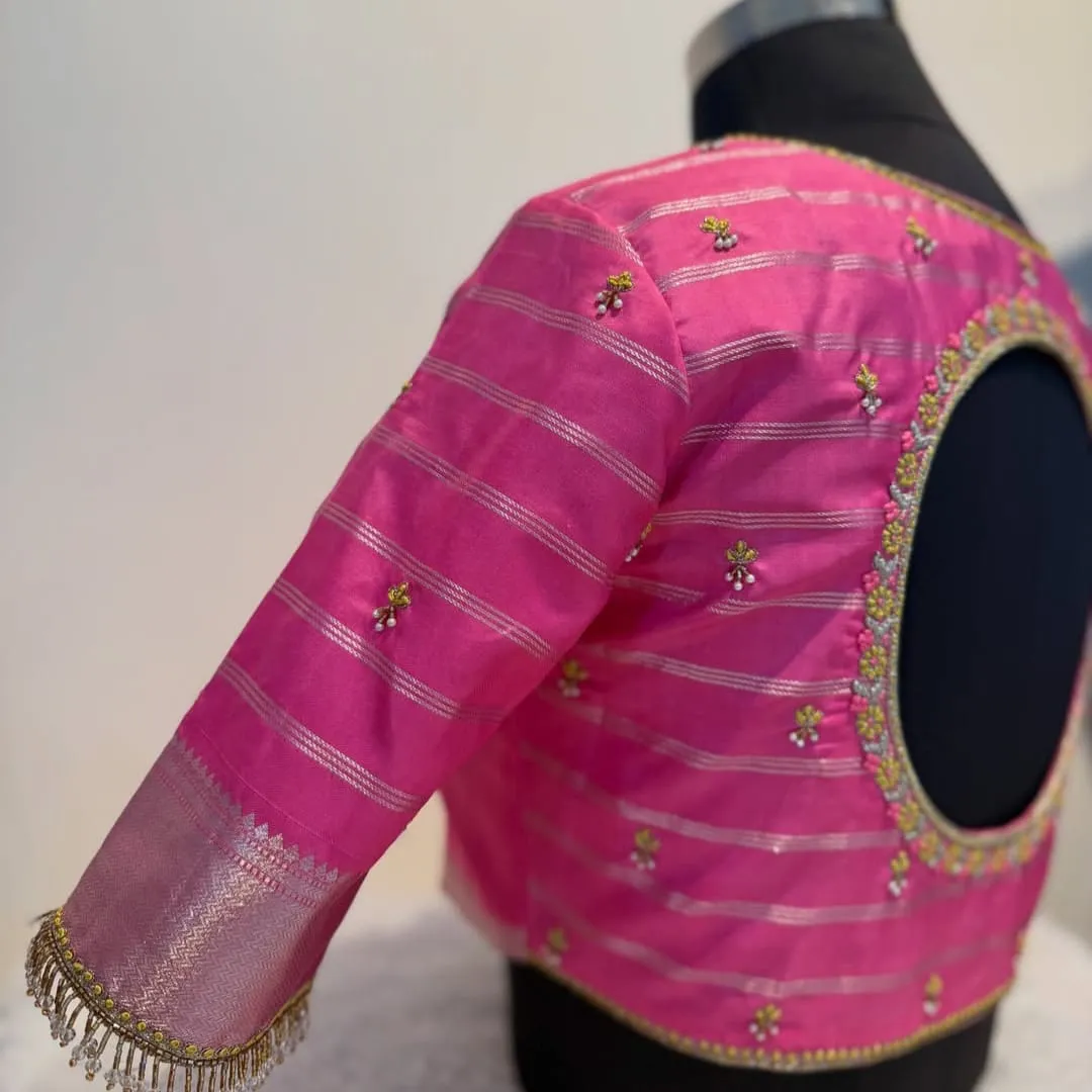 Elegant Baby Pink High Neck Maggam Work Blouse  Latest Minimal Design