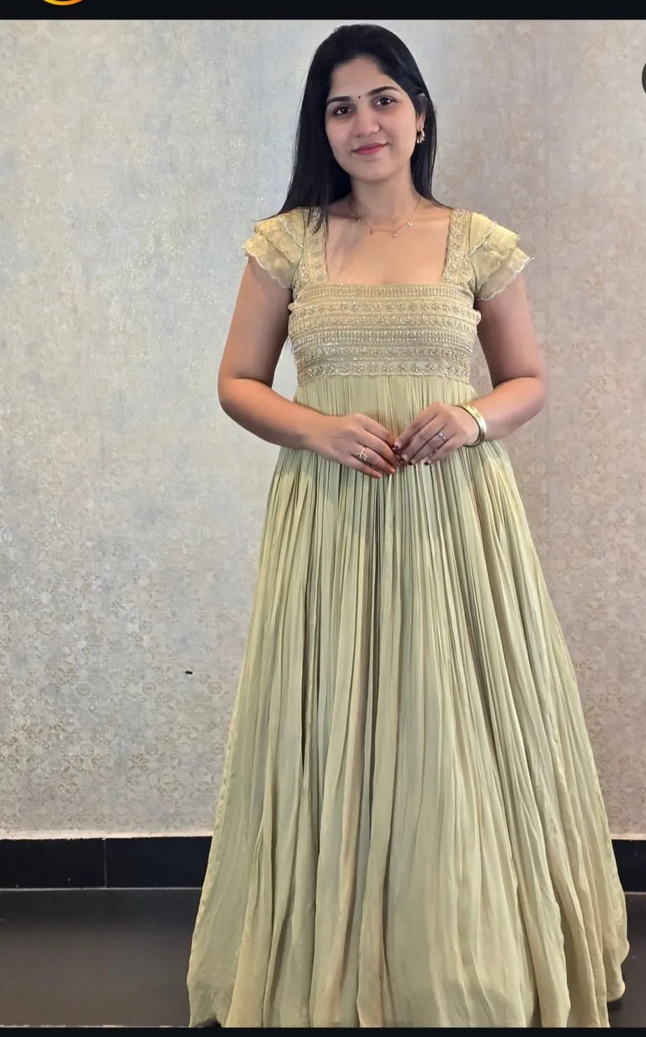 Luxury Pastel Green Maggam Work Long Frock | CustomMade Elegance for Modern Brides