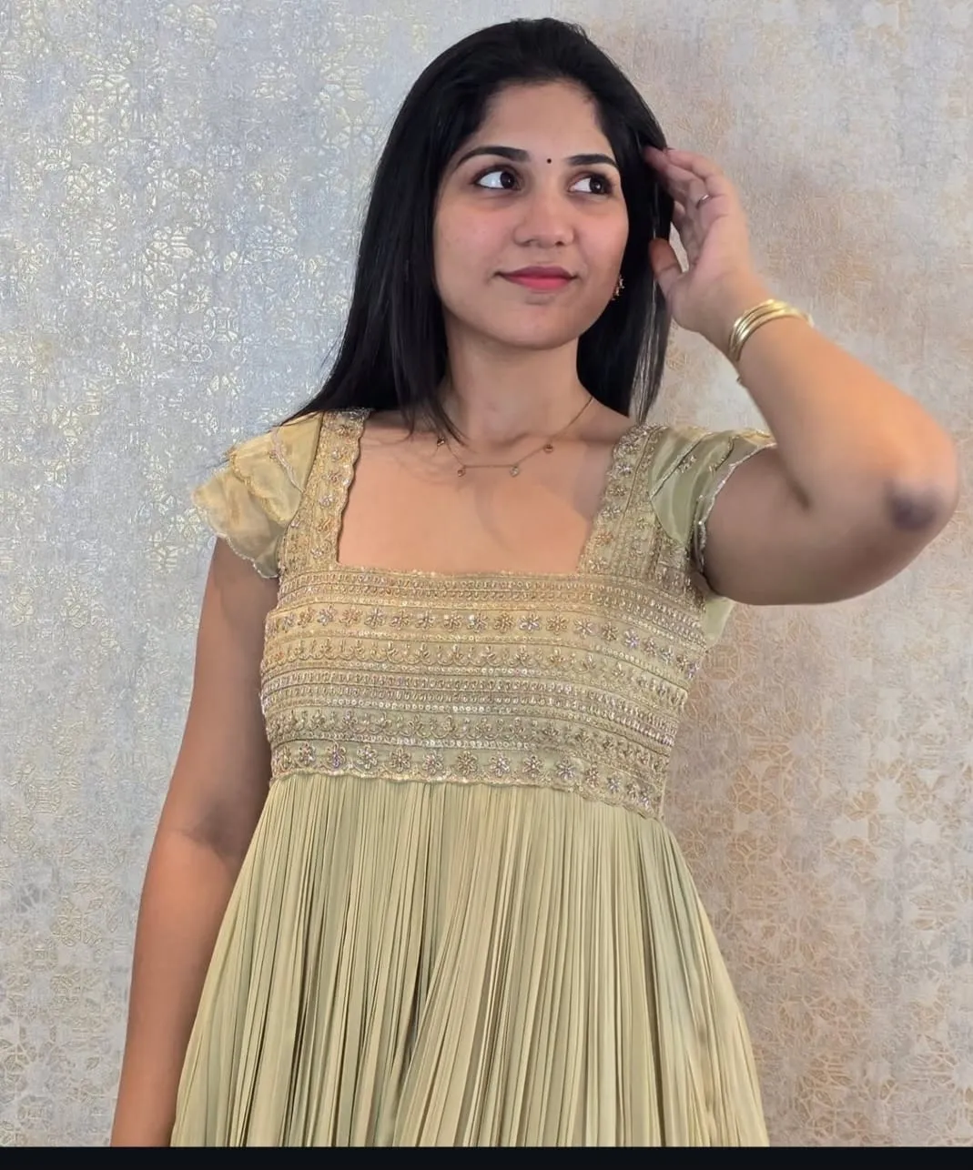 Luxury Pastel Green Maggam Work Long Frock | CustomMade Elegance for Modern Brides - Image 2