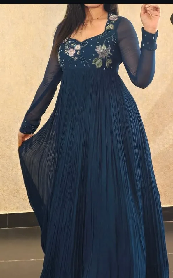 Navy Blue Full-Sleeves Maggam Work Long Frock  BudgetFriendly Customised Party Wear