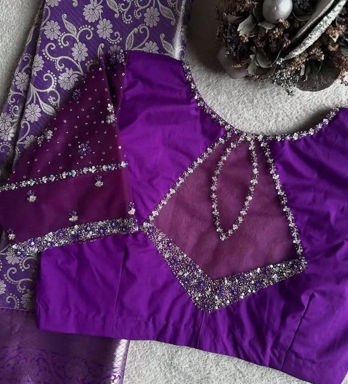 Purple Net Bridal Maggam Work Blouse  Premium Embroidery Design at a Budget Price