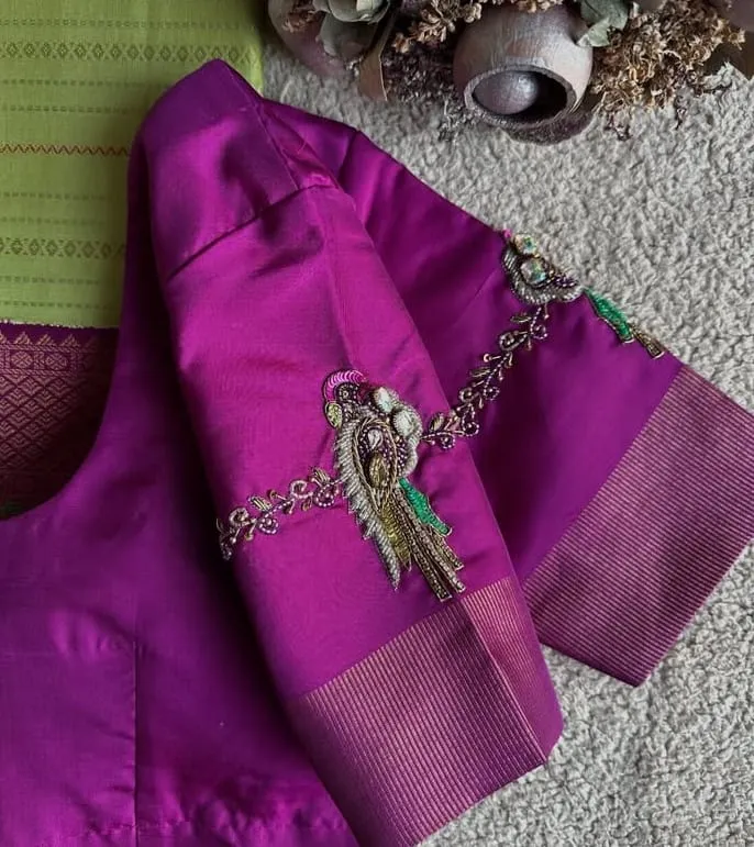 Purple Pink Parrot Maggam Work Blouse BudgetFriendly Premium Craftsmanship