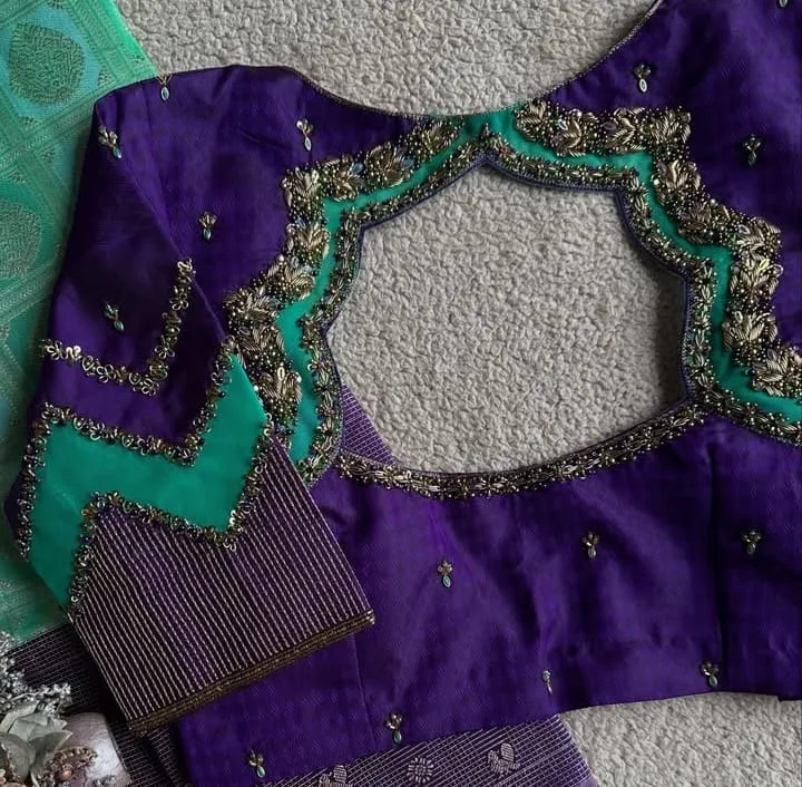 PurpleTurquoise Bridal Maggam Work Blouse  Latest Net Embroidery Design at a Budget Price