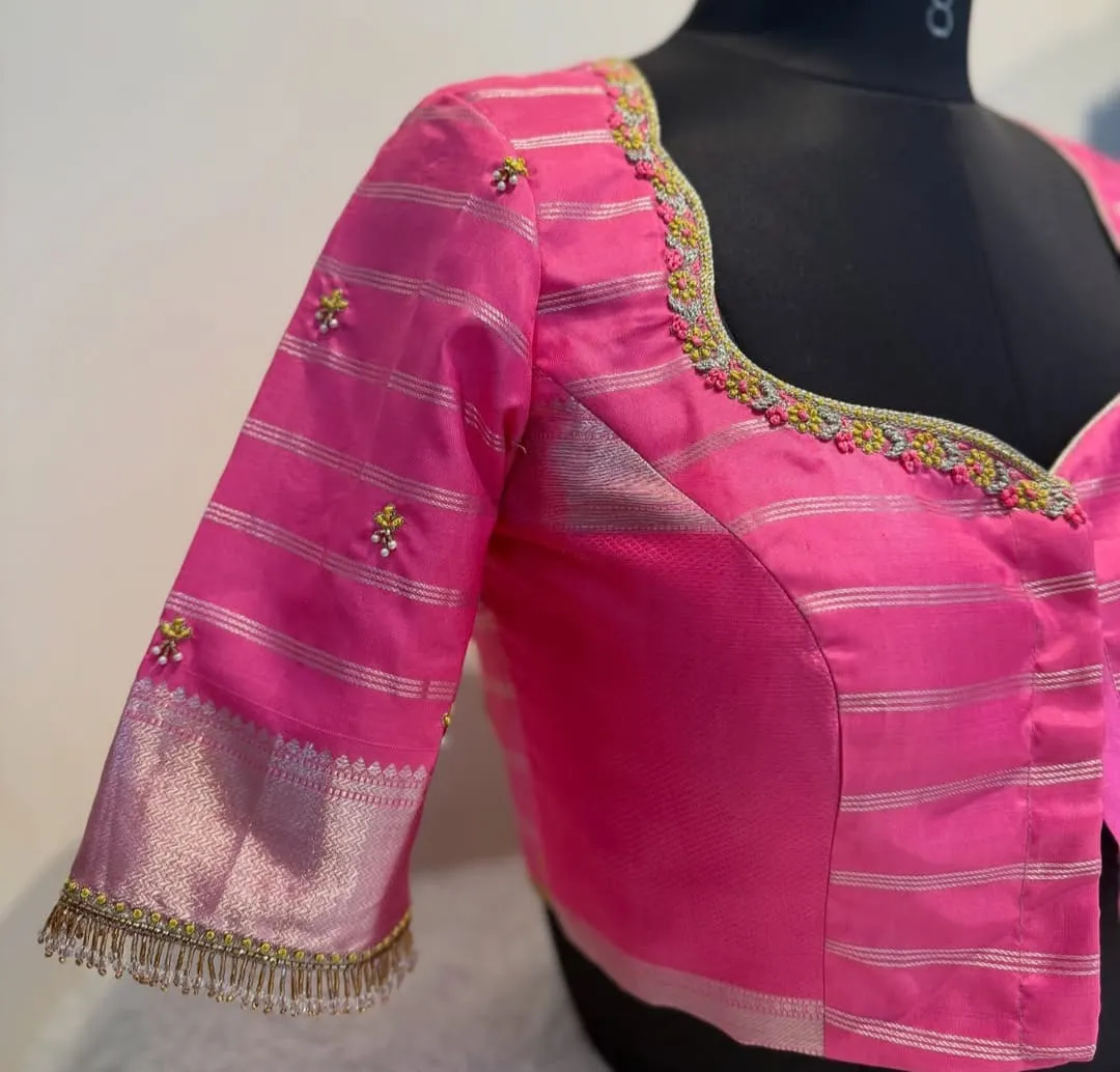 Sophisticated Baby Pink BlouseHigh Neck Minimal Maggam Masterpiece
