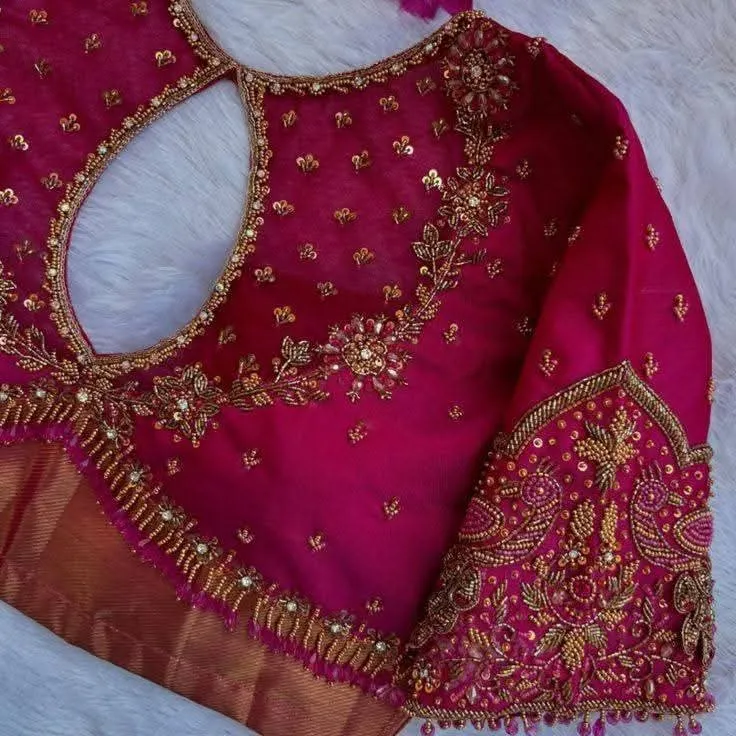 Affordable Pink Peacock Maggam Work Bridal Blouse