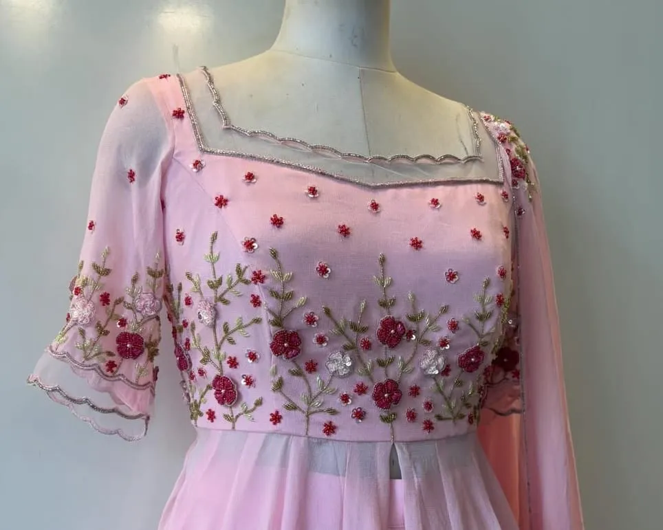 Baby Pink Heavy Maggam Work Anarkali Suit for Wedding Functions Custom Made - Image 2