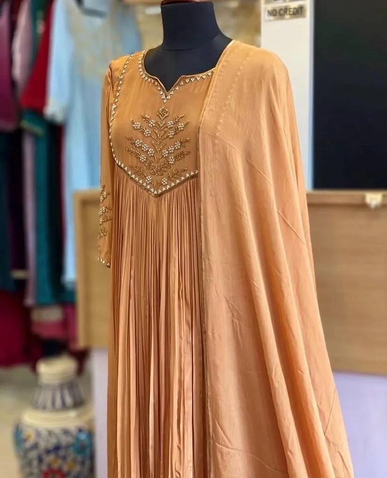 Beige Premium Anarkali Suit with Handcrafted Maggam Work  Elegant Party Wear