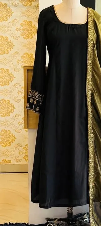Black Full Sleeves Maggam Work Anarkali Set  Customised  Three Piece Party Wear Under Budget