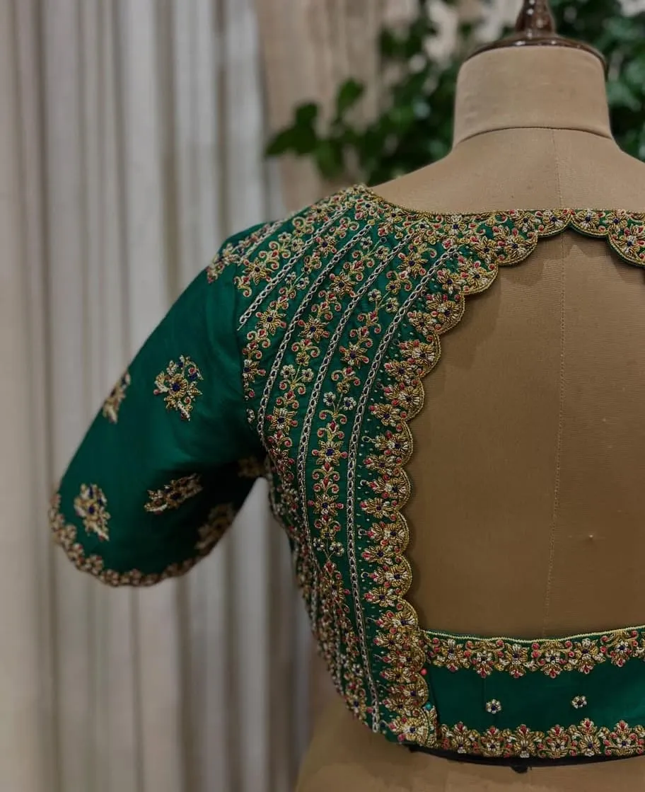 Bottle Green Grand Maggam Work Blouse  Luxury Bridal Design Under Budget