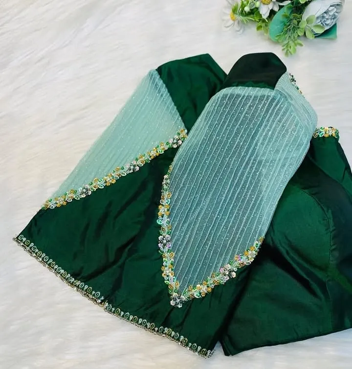 Bottle Green Zardosi Maggam Work Blouse with Elegant Net Sleeves  Exclusive Design