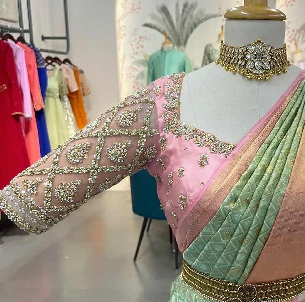 Bridal Perfection Baby Pink Net Blouse with Detailed Maggam Work