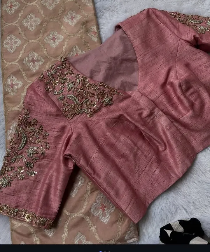 Bubblegum Pink Silk Bridal Blouse Trendy Handcrafted Zardosi Maggam Work Boat Neck Wedding Design