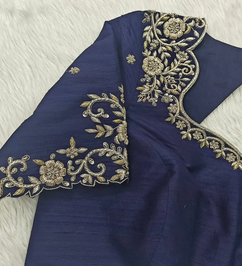 Buy Navy Blue Raw Silk Zardosi Maggam Work Blouse Online  Affordable Designer Ethnic Wear