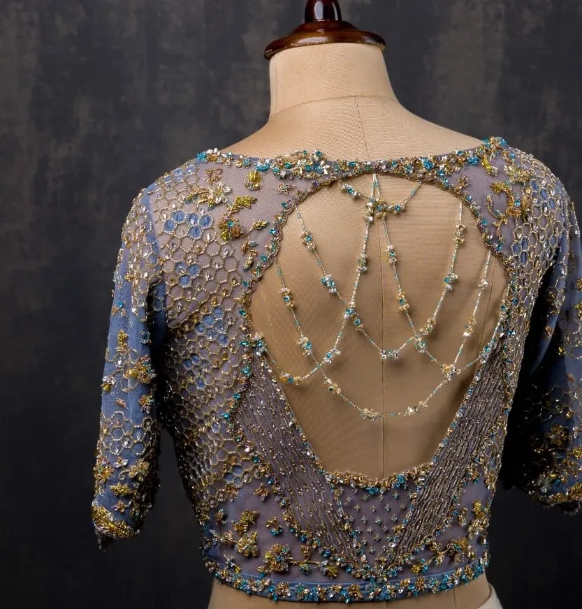 Buy Pastel Blue Net Bridal Blouse with Maggam  Aari Work  Elegant Design Under Budget