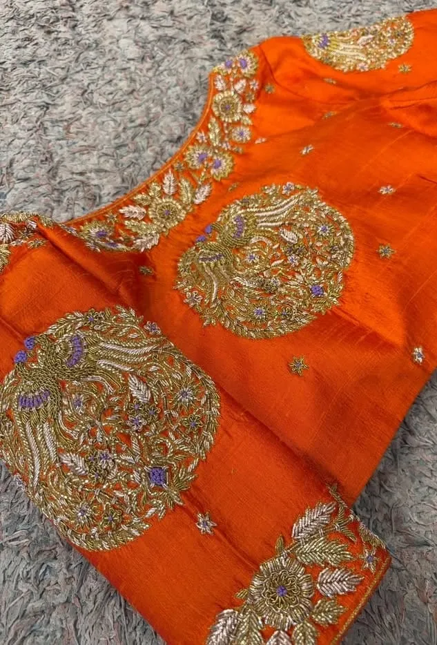 Dazzling Orange Zardosi Blouse  Stunning Peacock Maggam Embroidery Unforgettable Style