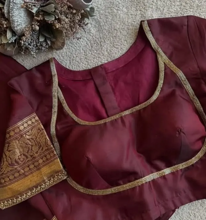 Deep Maroon High Neck Maggam Work Blouse  Premium Bridal Couture
