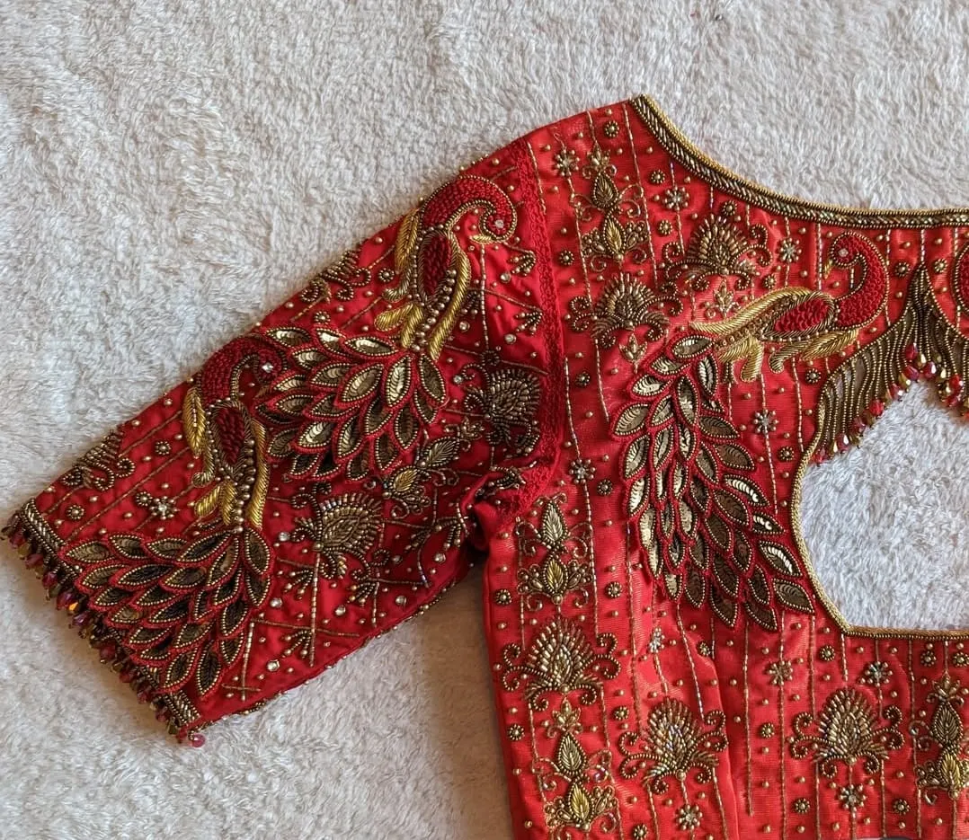 Designer Orange Peacock 3d  Maggam Work Blouse