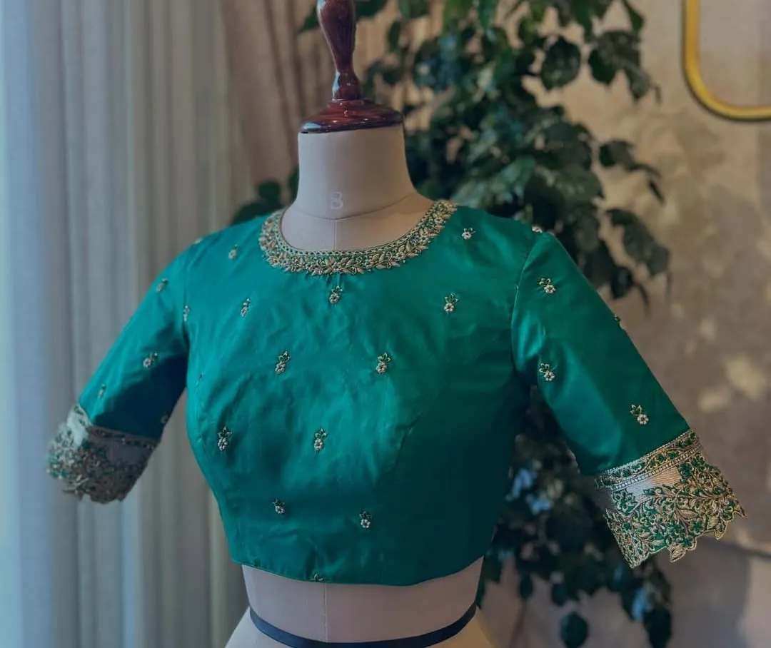 Elegant Bottle Green Boat Neck Maggam Work Blouse  Affordable Handcrafted Designer Blouse for Sarees Lehengas